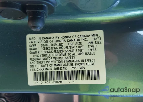 2013 Honda Cr-V Ex-L from USA, damaged, VIN 2HKRM4H71DH693450